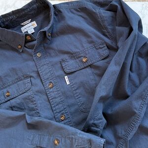 Carhartt Men’s Navy Blue Button Up Work Shirt Stretch Cotton Pocket Size L